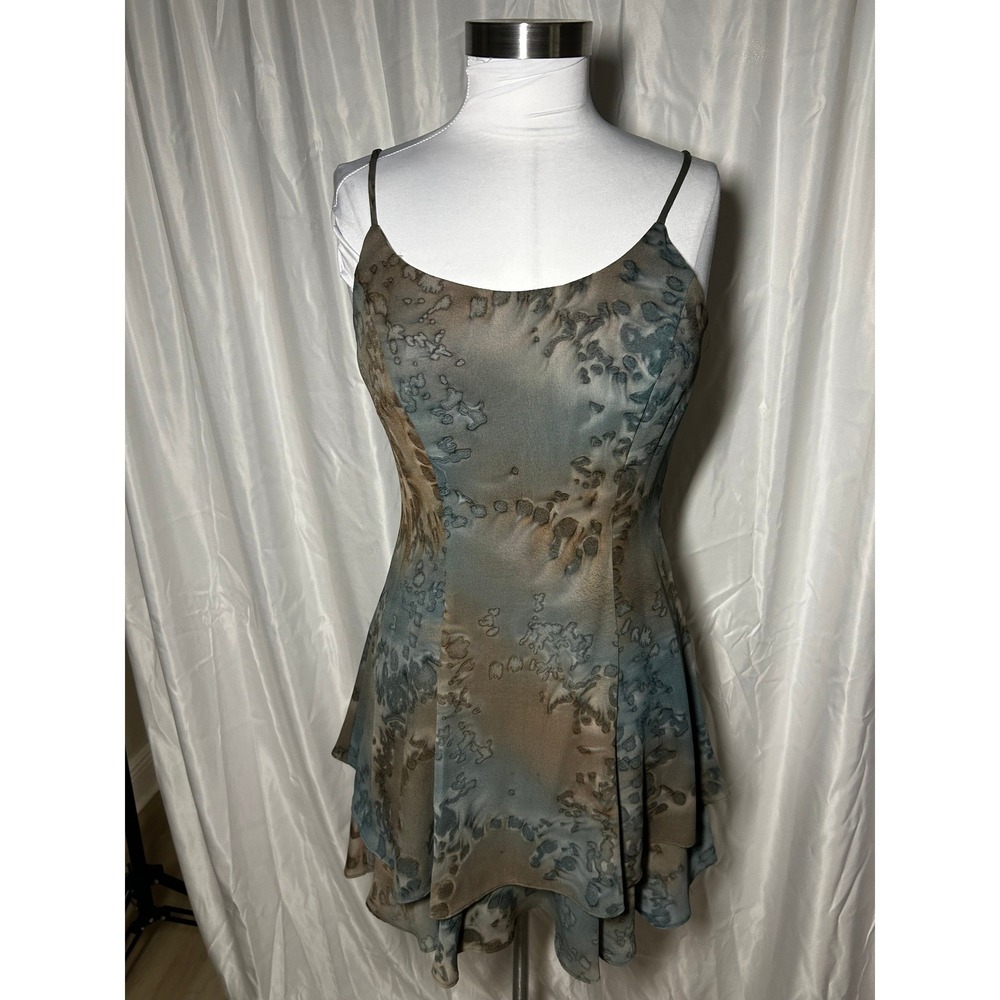 Vintage Rampage Blue Brown Abstract Print Tiered Ruffle Mini Dress 90s Y2K - Picture 3 of 6